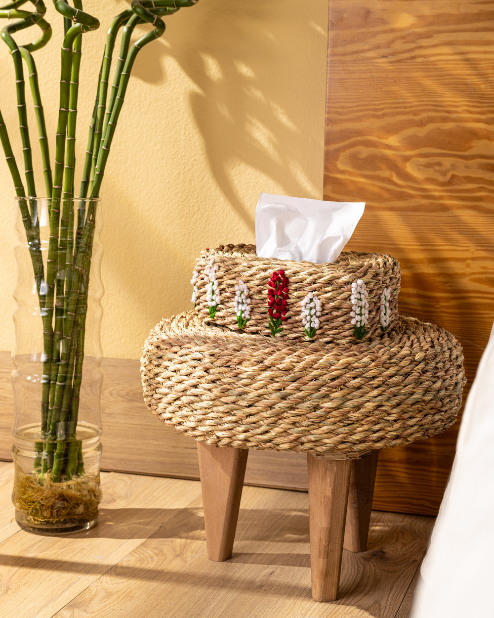 Handmade Halfa Mini Pouf with Wood Legs – Compact Stool