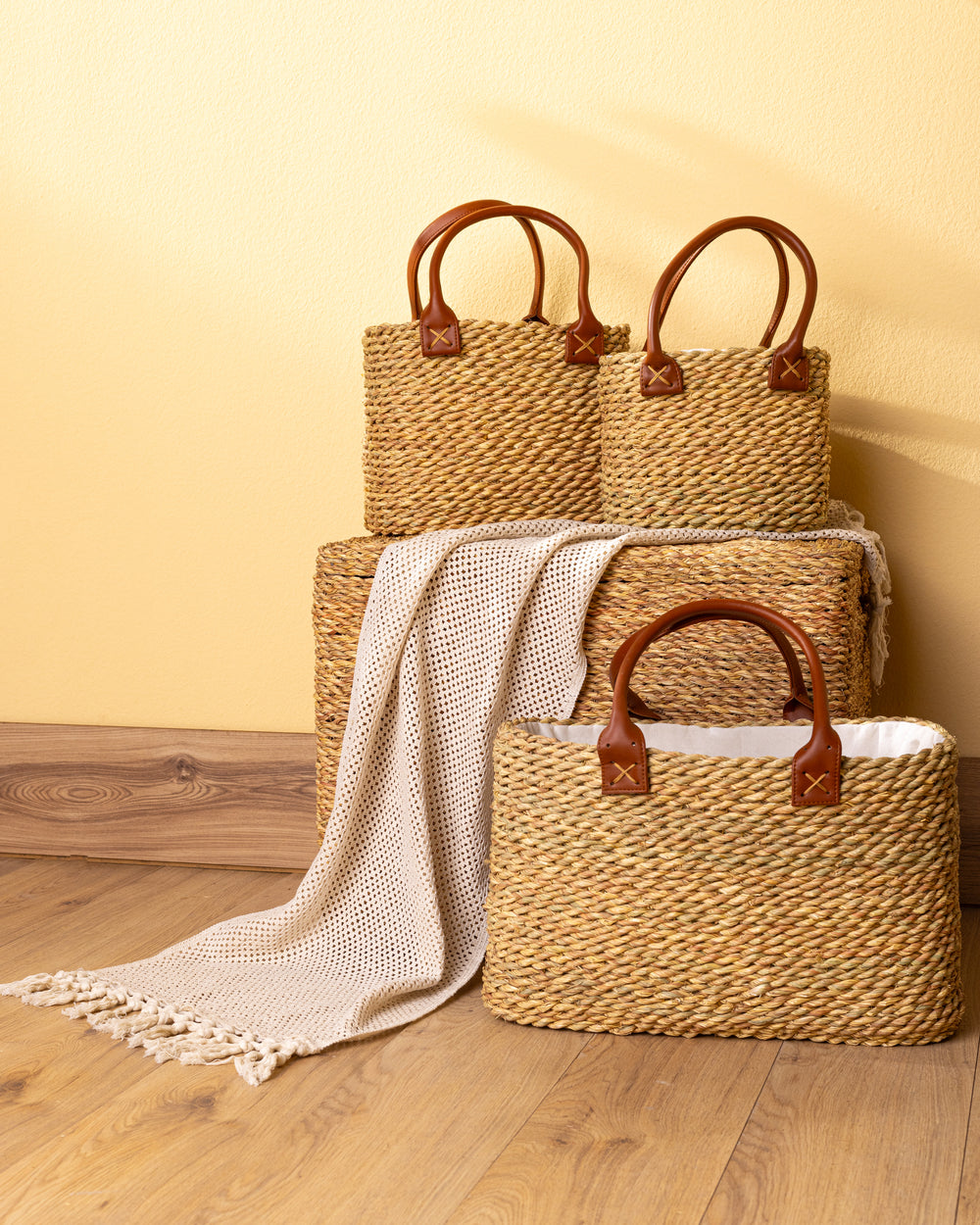 Handmade Palm Leaf Tote Bag with Leather Handles
