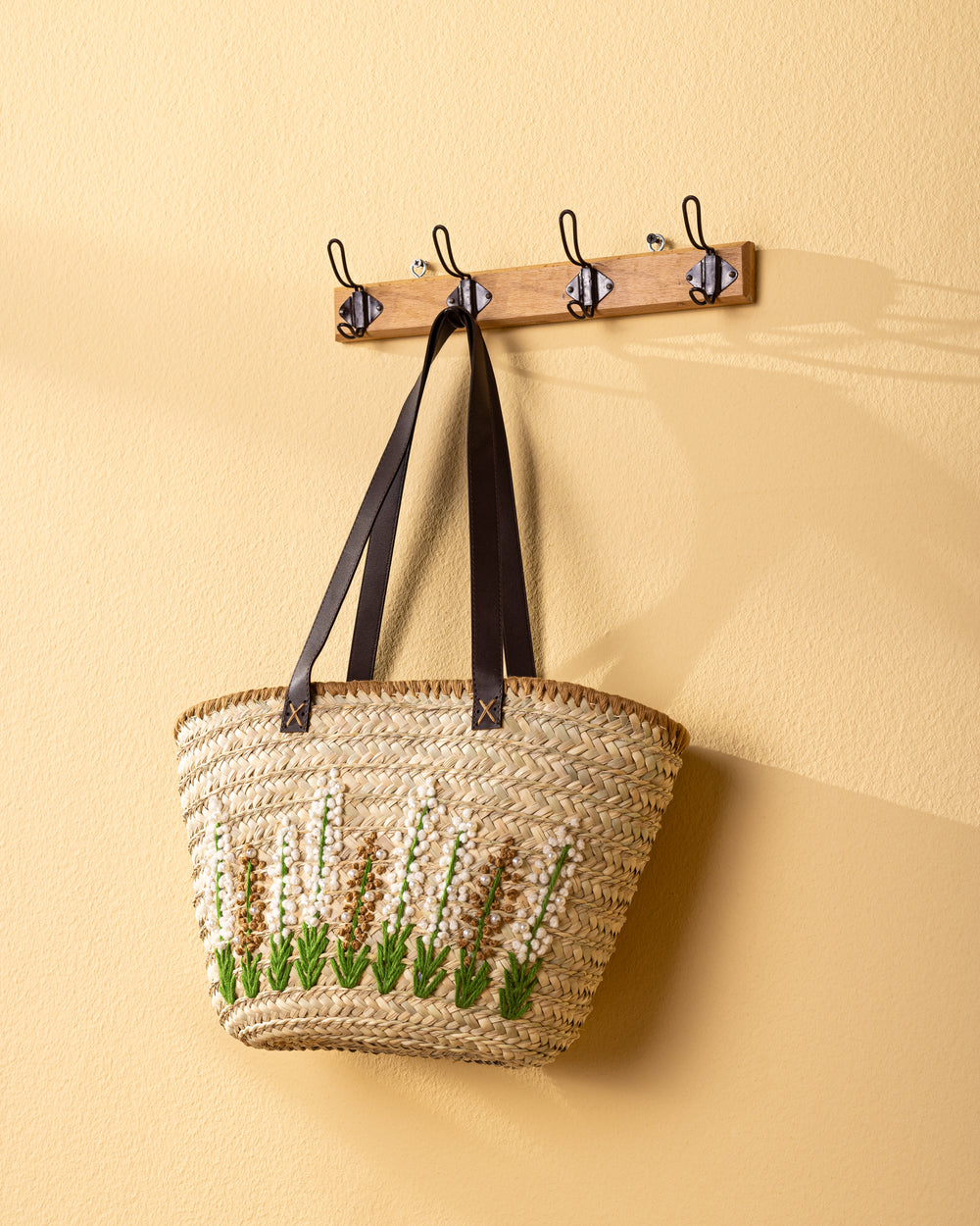 Handmade Palm Leaf Tote Bag with Pearl Floral Embroidery