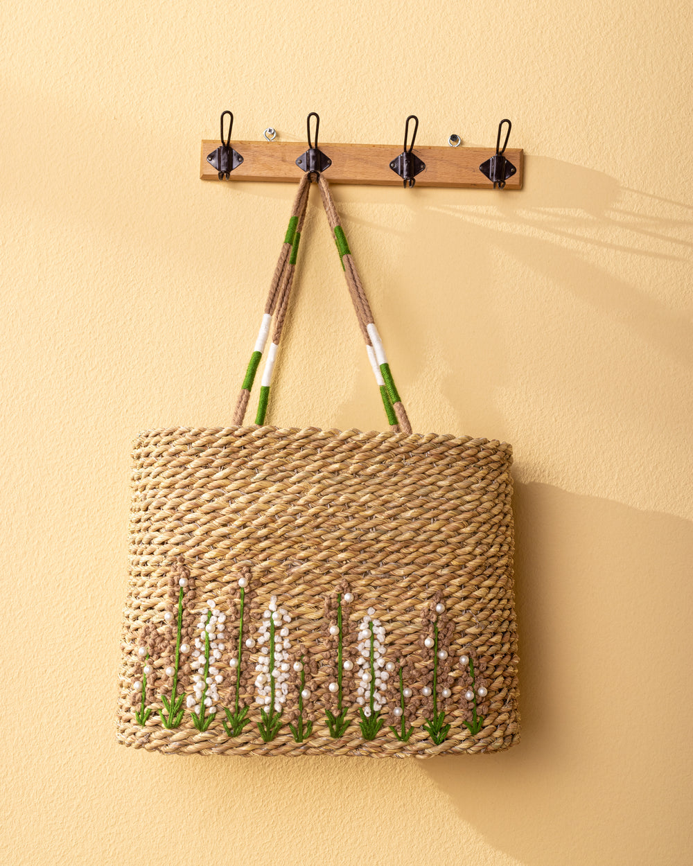 Handmade Palm Leaf Tote Bag with Pearl Bead Embroidery
