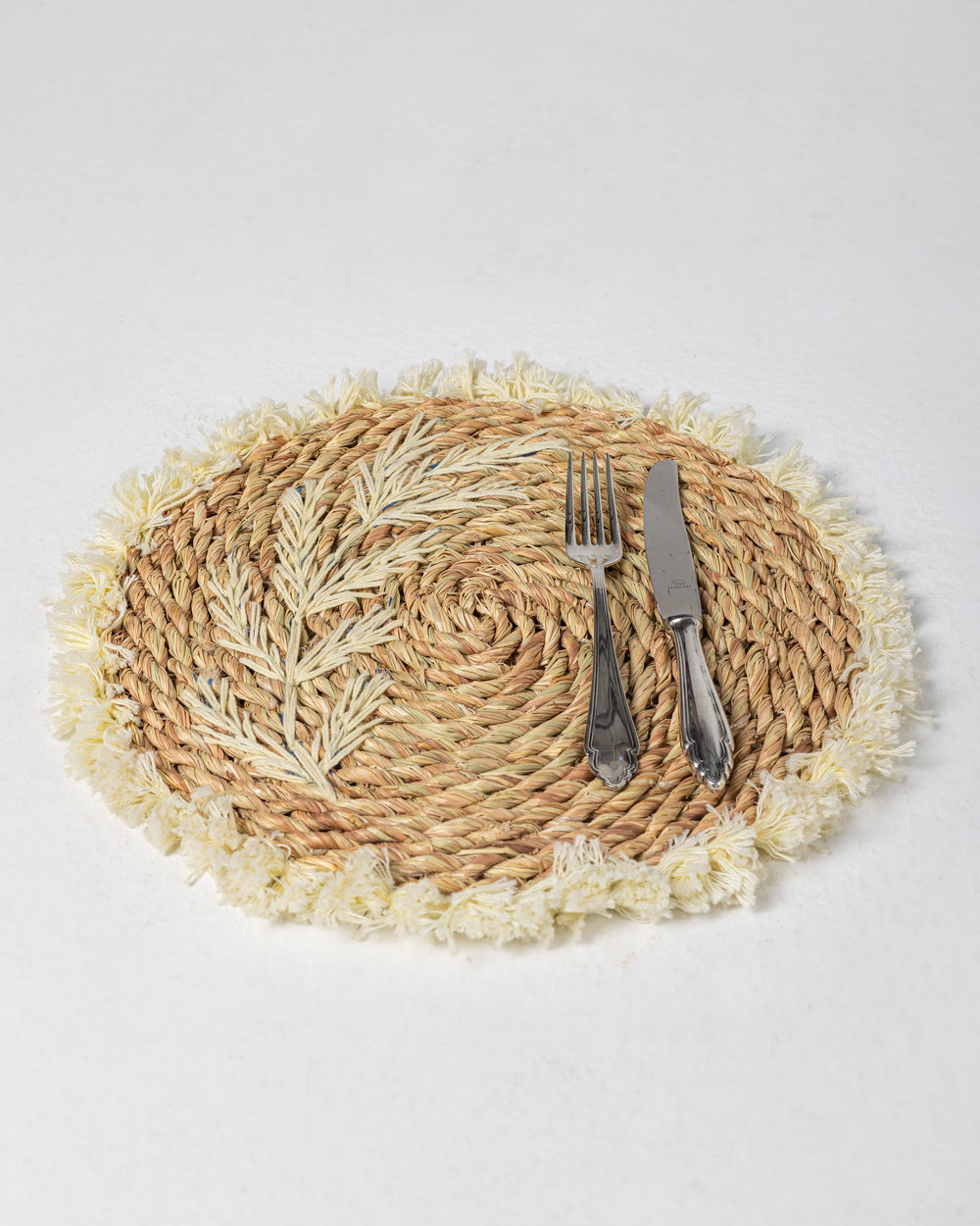 Handmade Halfa Coaster – Leaf Embroidery & Fringe