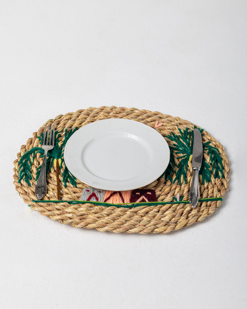 Handmade Halfa Oval Placemat with Rustic Palm Embroidery