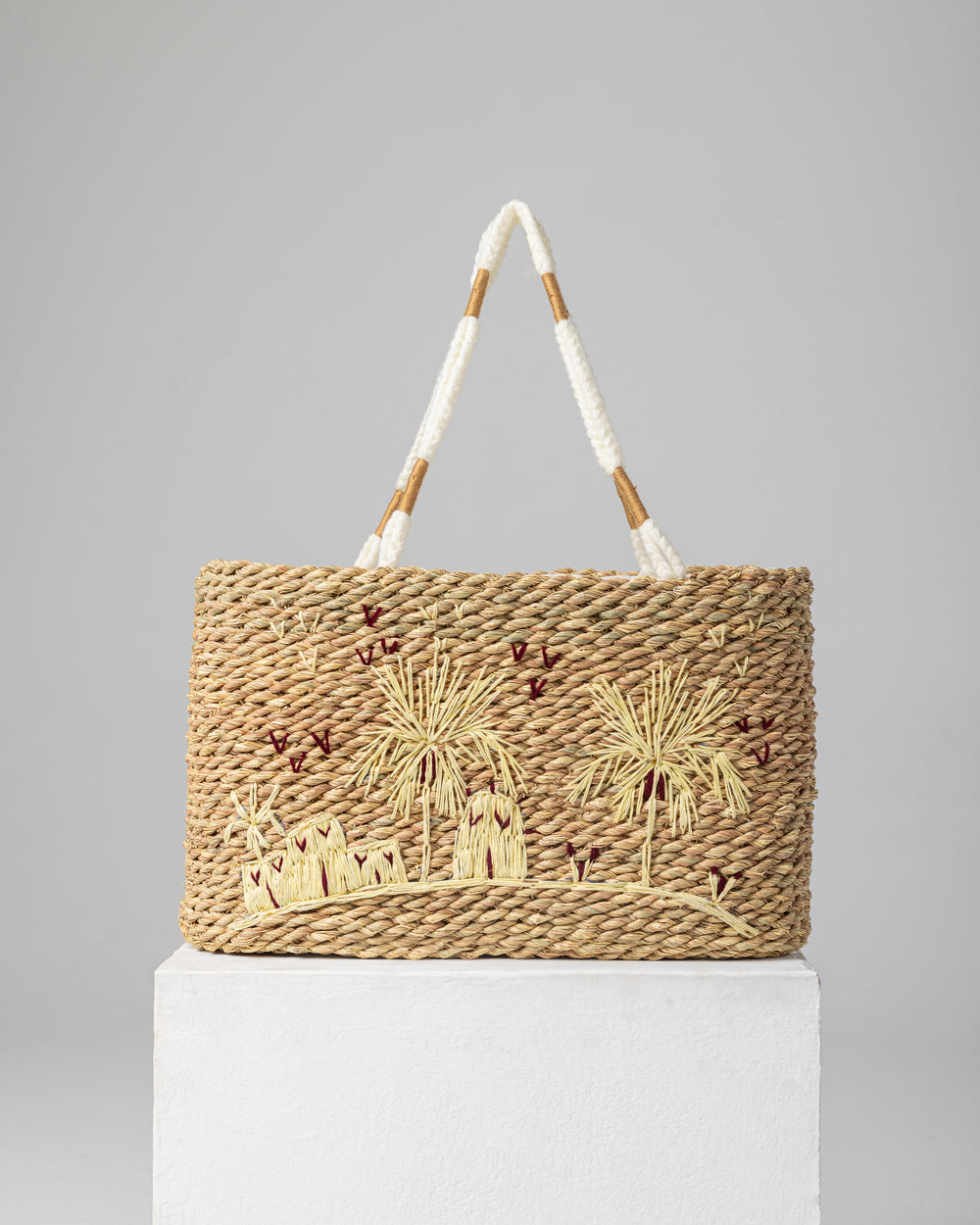 Handmade Palm Leaf Tote Bag with Palm Tree Embroidery
