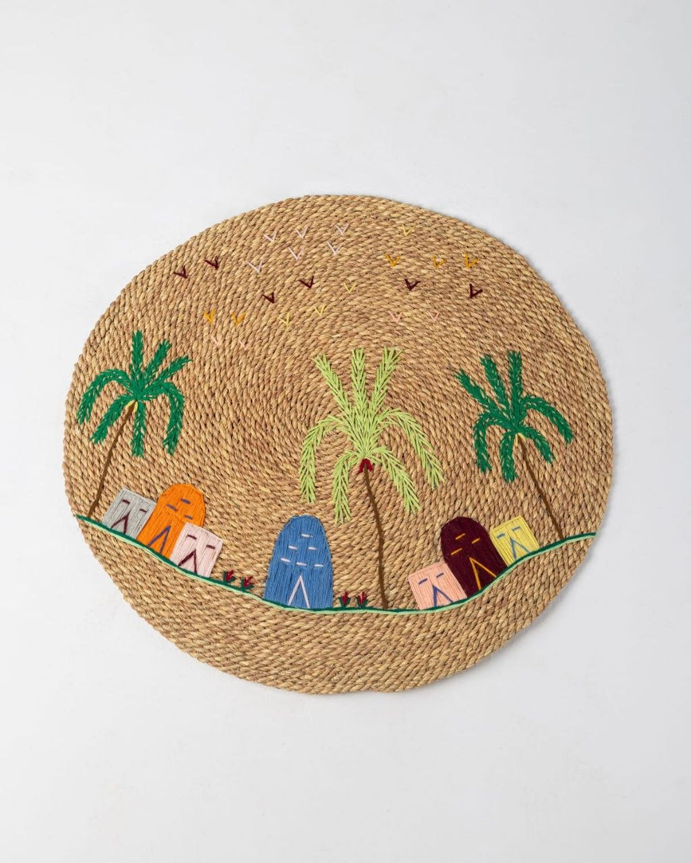 Handwoven Halfa Round Rug – Palm Village Motif