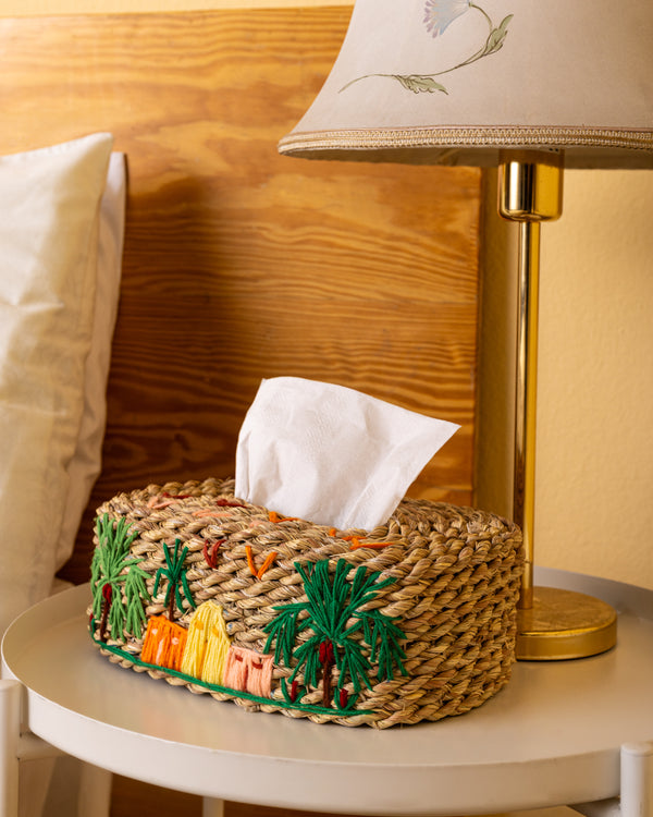 Handmade Halfa Tissue Box Cover – Desert Oasis Embroidery