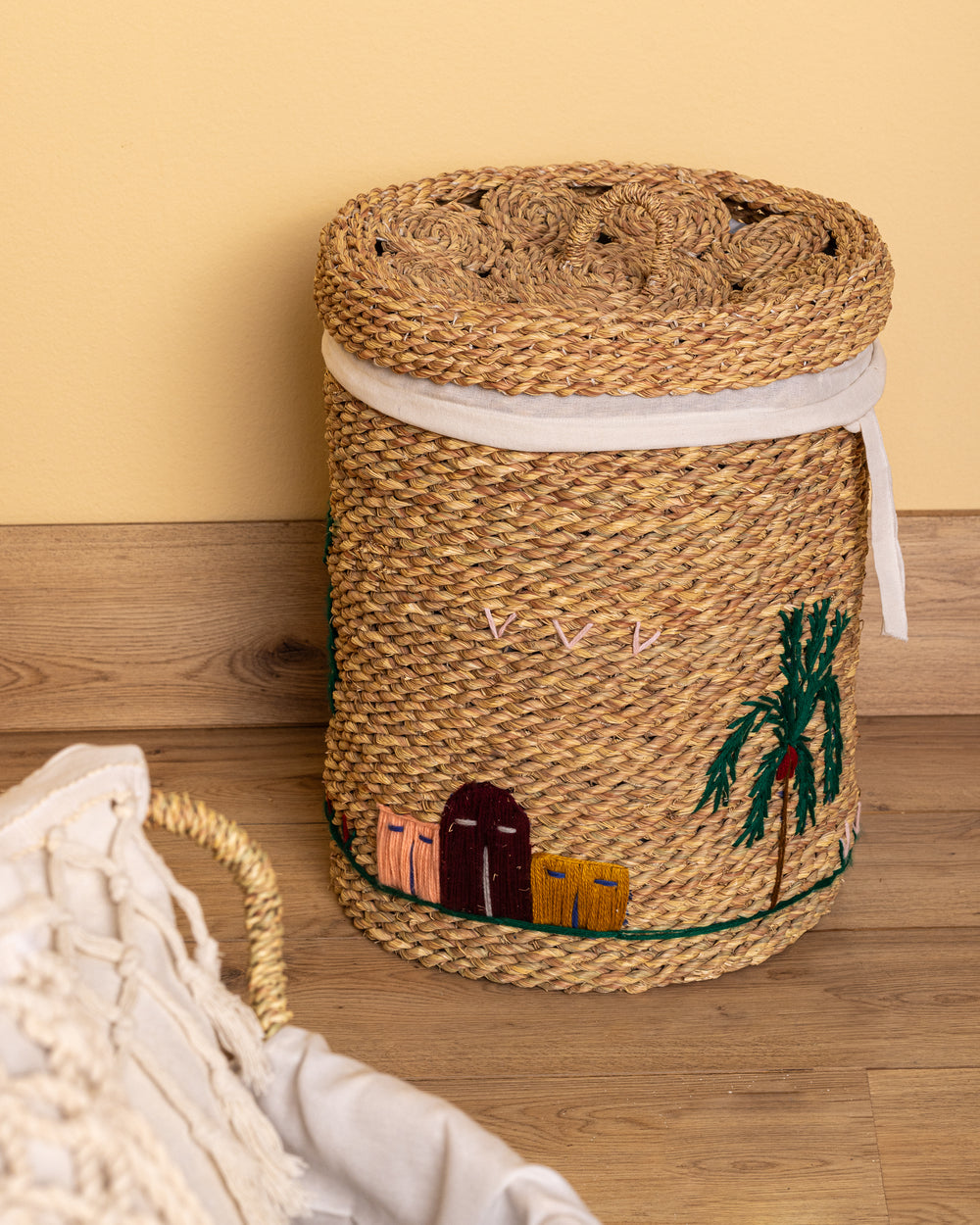 Handmade Halfa Laundry Basket – Rustic Oasis Embroidery