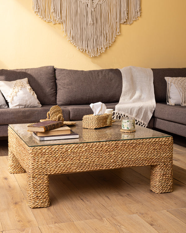 Handmade Halfa Square Coffee Table with Glass Top