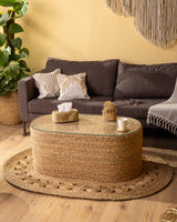 Handmade Halfa Oval Coffee Table with Glass Top