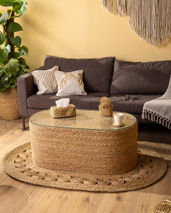 Handmade Halfa Oval Coffee Table with Glass Top