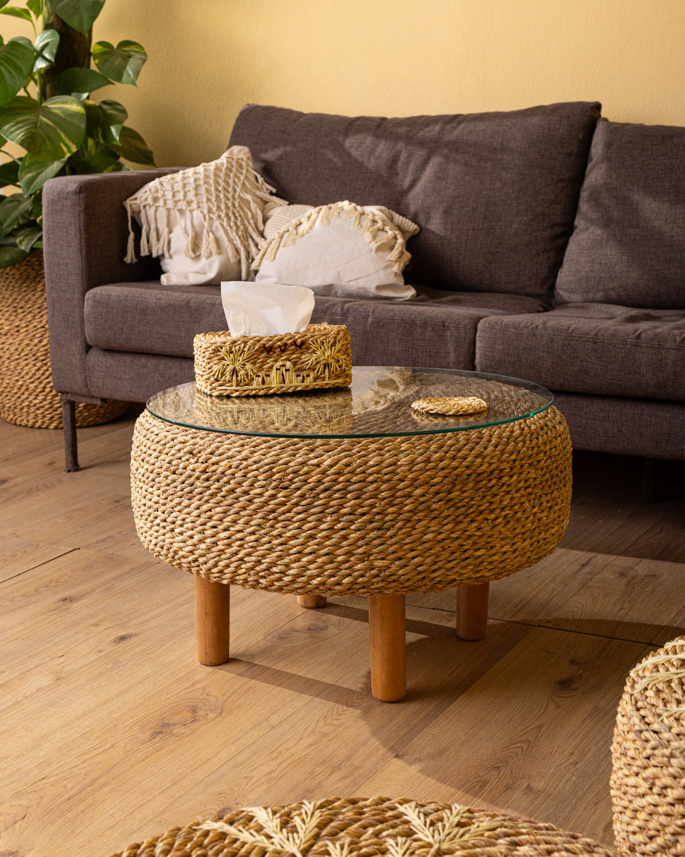 Handmade Halfa Round Coffee Table with Glass Top