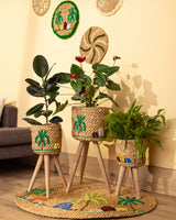 Halfa Planter Stand Set with Rustic Embroidery & Live Plants