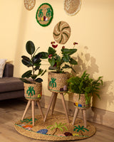 Halfa Planter Stand Set with Rustic Embroidery & Live Plants