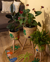 Halfa Planter Stand Set with Rustic Embroidery & Live Plants