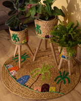 Halfa Planter Stand Set with Rustic Embroidery & Live Plants
