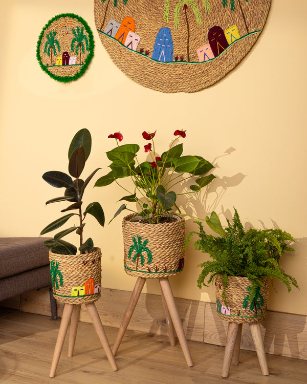 Halfa Planter Stand Set with Rustic Embroidery & Live Plants
