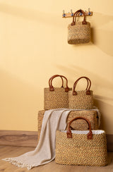Handmade Palm Leaf Tote Bag with Leather Handles