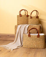 Handmade Palm Leaf Tote Bag with Leather Handles