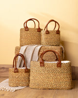 Handmade Palm Leaf Tote Bag with Leather Handles