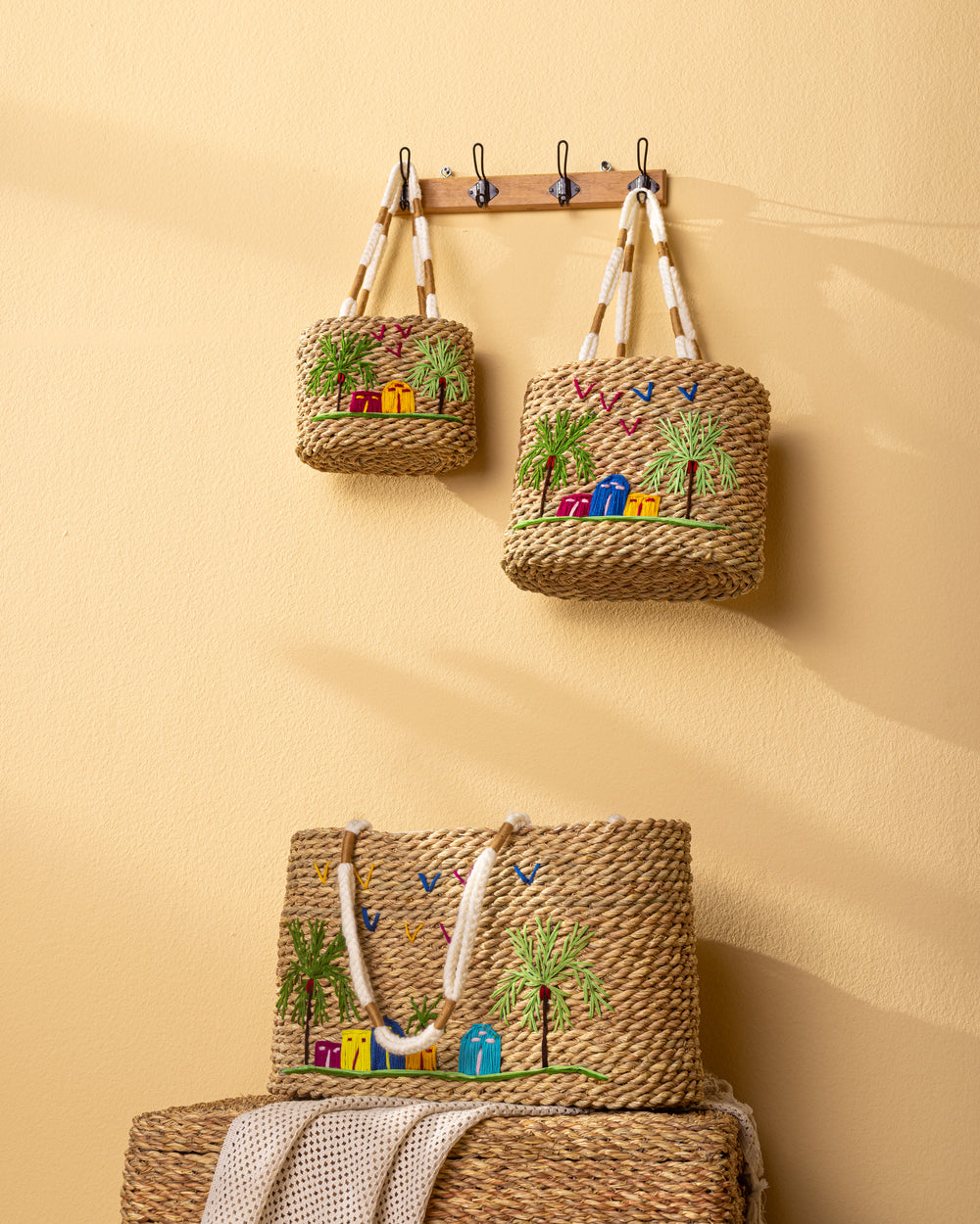 Handmade Palm Leaf Tote Bag with Village Embroidery