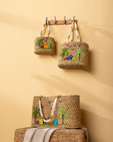 Handmade Palm Leaf Tote Bag with Village Embroidery