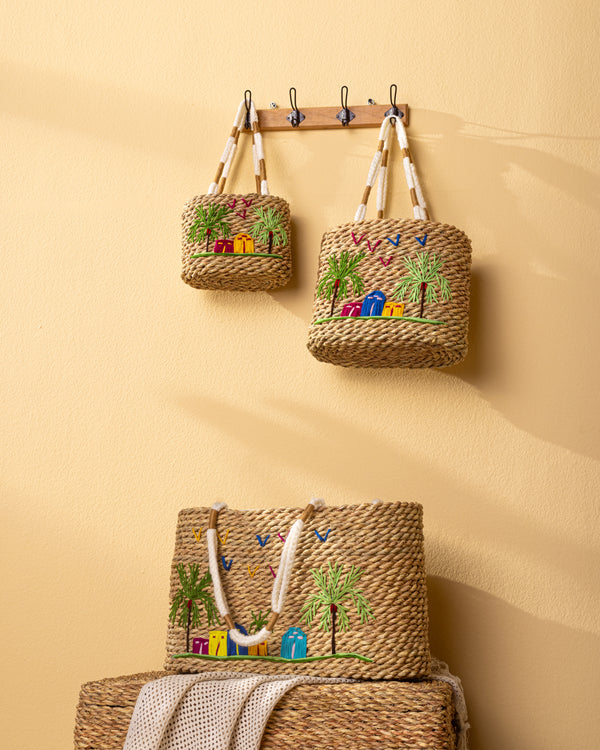 Handmade Palm Leaf Tote Bag with Village Embroidery