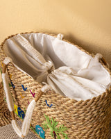 Handmade Palm Leaf Tote Bag with Village Embroidery