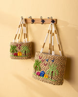 Handmade Palm Leaf Tote Bag with Village Embroidery