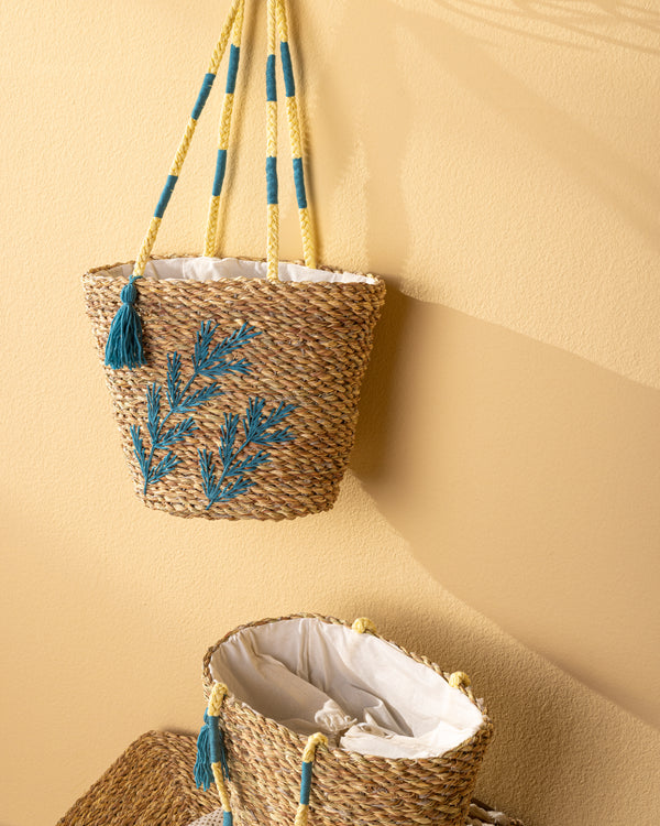 Handmade Palm Leaf Tote Bag with Teal Fern Embroidery