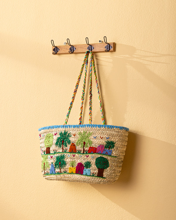 Handmade Palm Leaf Tote Bag with Rustic Village Embroidery