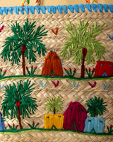 Handmade Palm Leaf Tote Bag with Rustic Village Embroidery