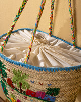 Handmade Palm Leaf Tote Bag with Rustic Village Embroidery