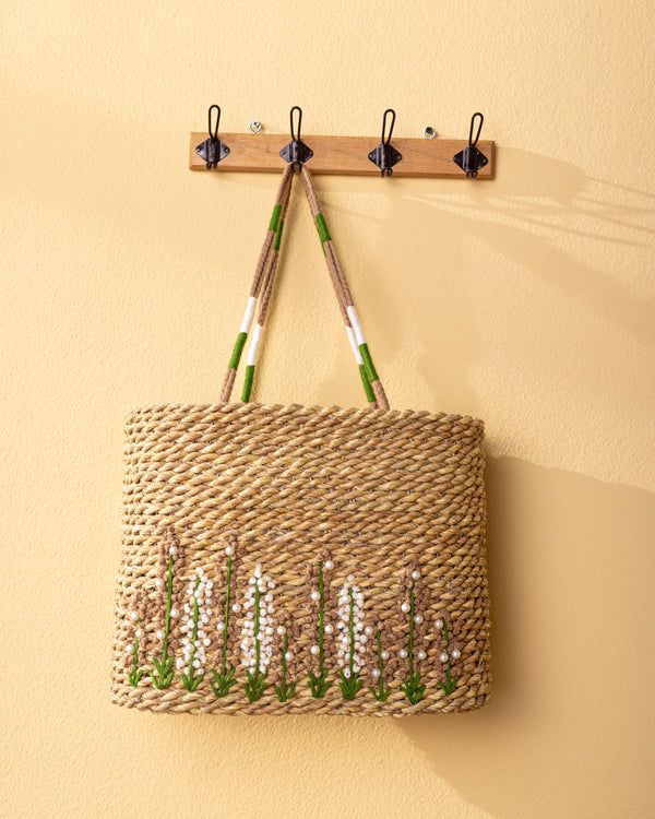 Handmade Palm Leaf Tote Bag with Pearl Bead Embroidery