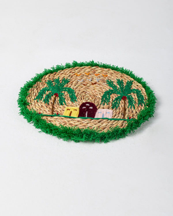 Handmade Halfa Coaster – Rustic Oasis Embroidery & Fringe