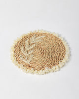 Handmade Halfa Coaster – Leaf Embroidery & Fringe