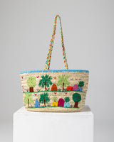 Handmade Palm Leaf Tote Bag with Rustic Village Embroidery