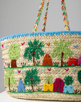 Handmade Palm Leaf Tote Bag with Rustic Village Embroidery