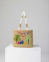 Handmade Palm Leaf Tote Bag with Village Embroidery