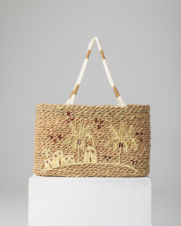 Handmade Palm Leaf Tote Bag with Palm Tree Embroidery