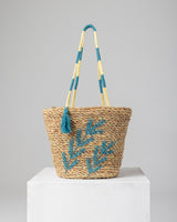 Handmade Palm Leaf Tote Bag with Teal Fern Embroidery
