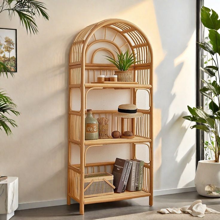 Arched Rattan Bamboo Book Shelf – 4-Tier Display